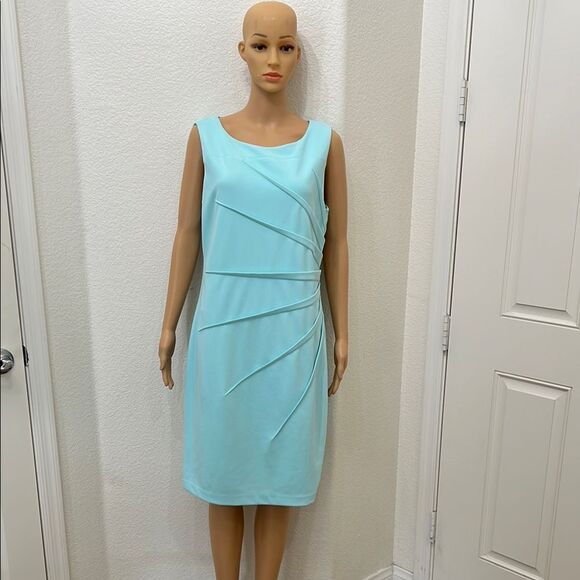 Calvin Klein Dresses & Skirts - Calvin Klein Powder Baby Blue Scoop Neck Sleeveless Ruched Midi Dress Size 14